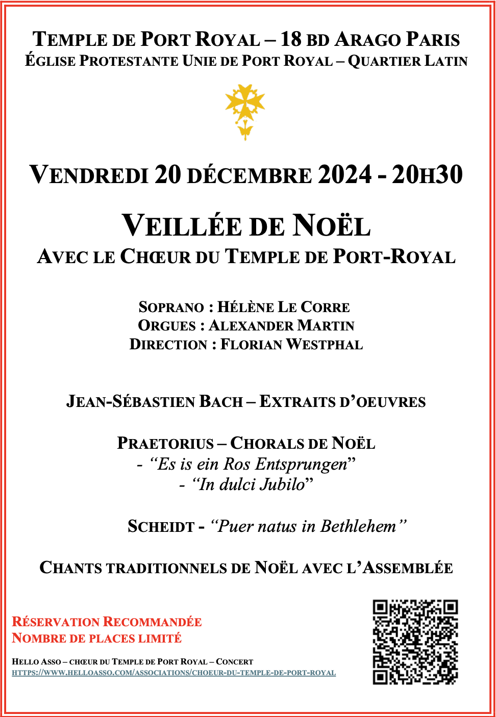 CONCERT VEILLÉE DE NOËL 20 DÉCEMBRE AU TEMPLE